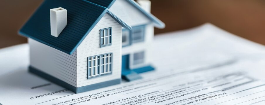 mortgage property terms Concept. Model house on paperwork representing real estate transactions.
