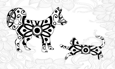 Coloring pages set with fantasy floral animals. Pug dog and cat with flowers