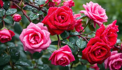 Rose vines covered in morning dew, with each drop magnifying the texture and color of the petals, The roses are in rich shades of red and pink, and the background is a soft blur of green foliage.
