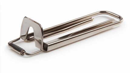 A metal paper clip designed for holding papers together securely.