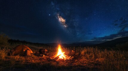 A cozy camping spot under a starlit sky, Camping gear arranged around a flickering campfire, Nighttime camping tranquility style