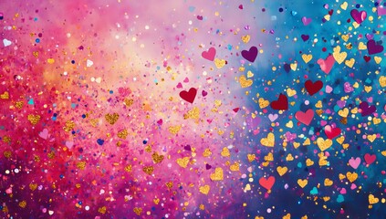 Colorful hearts and glitter confetti on vibrant pink and blue background.
