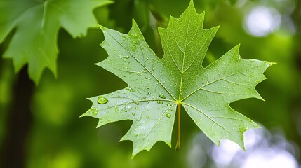 fresh, detailed close-up of a green leaf with visible veins and water droplets, set against a blurred backdrop of soft green foliage. Ample space for text on the left side. 