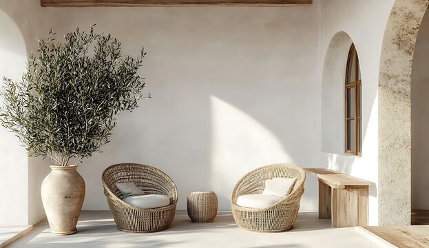 Sleek white wall mockup with wooden wicker armchairs and an olive tree in a vase, an arched window frame, wooden planks, and a small table to the right side. The clean background features soft 