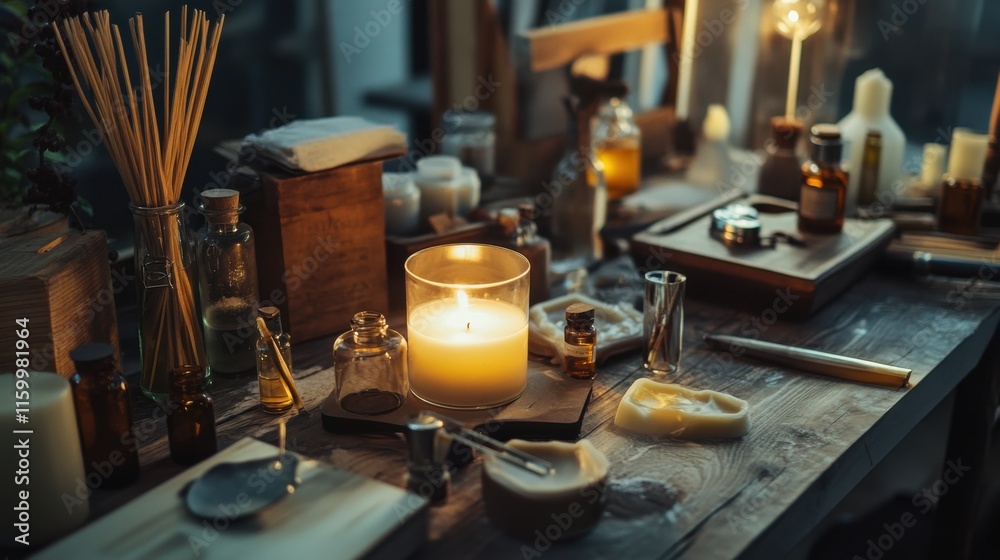 Poster a cozy candle-making workshop with wax and molds, candle-making tools and fragrant oils neatly organ