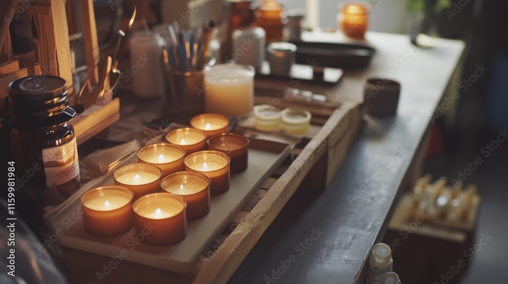 Poster a cozy candle-making workshop with wax and molds, candle-making tools and fragrant oils neatly organ
