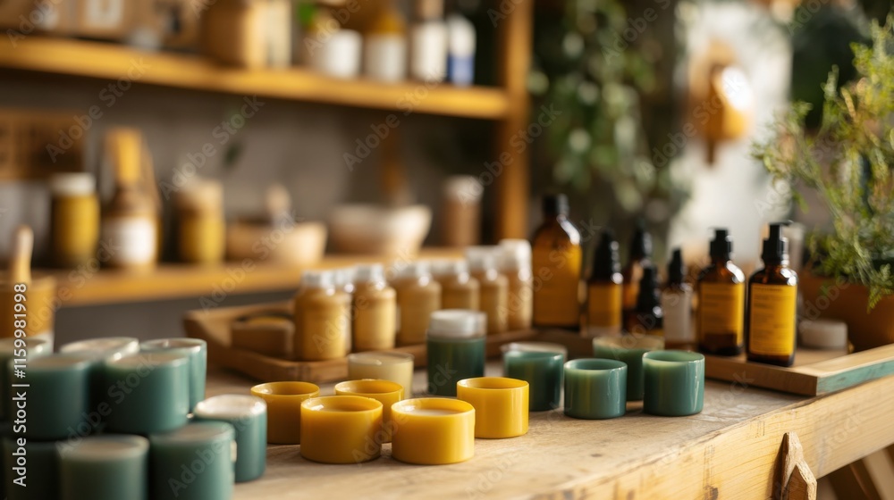 Poster a cozy candle-making workshop with wax and molds, candle-making tools and fragrant oils neatly organ