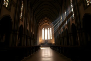 Obraz premium Abstract Church Interior with Light Beams Streaming Through Windows, Illuminating an Empty Worship Space.