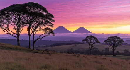 Sunrise over twin volcanoes beautiful landscape nature photography serene environment scenic viewpoint
