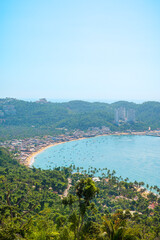 Panoramic view of Puerto Marques Bay in Acapulco, Mexico. Several small boats are anchored on the...