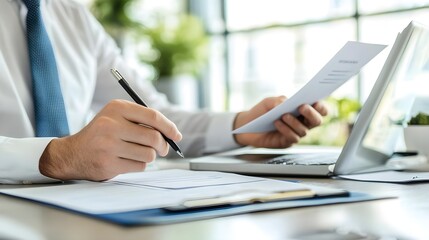 Eye-level angle of a confident candidate handing a file in a modern workspace.