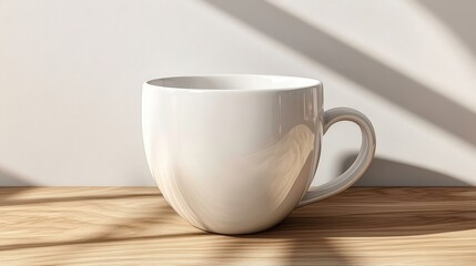 Fototapeta premium Elegant white coffee cup on wooden table minimalist design modern interior soft shadows lifestyle concept