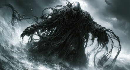 Fototapeta premium Epic battle against darkness stormy ocean digital art monstrous environment dramatic viewpoint fantasy concept