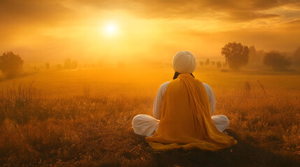Peaceful Sikh Yogi Contemplating Sunset in Golden Field of Serenity : Generative AI