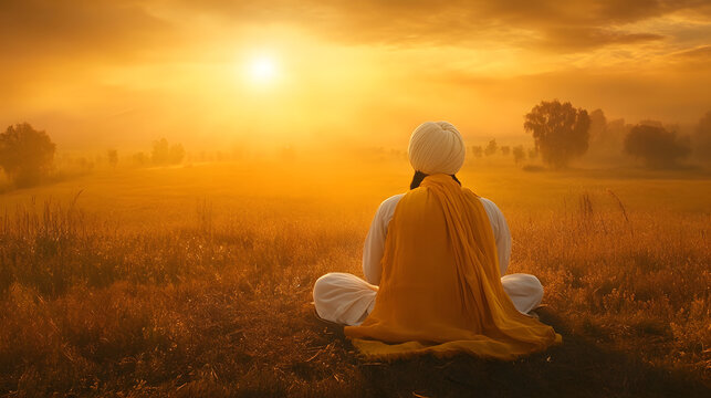 Peaceful Sikh Yogi Contemplating Sunset in Golden Field of Serenity : Generative AI