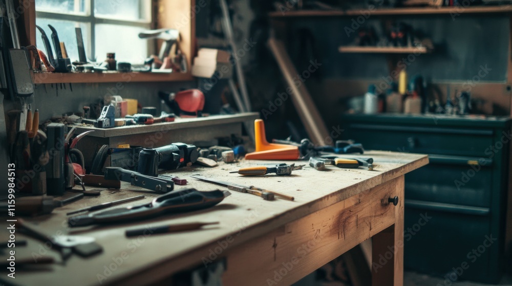 Aufkleber A cozy home workshop with DIY tools and unfinished projects, Tools and materials scattered on a workbench, DIY enthusiast style