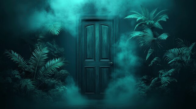 Mysterious door surrounded by lush plants enigmatic forest digital art dark atmosphere close-up perspective