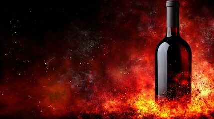 Fototapeta premium Captivating red wine bottle sparkles amidst fiery background dramatic still life studio vibrant colors