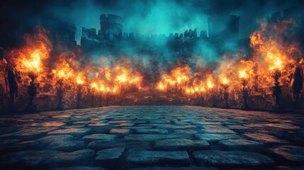 Fototapeta premium Epic battle scene with flames ancient fortress digital art dark environment low angle fantasy concept