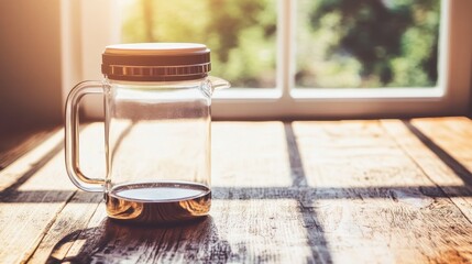 Obraz premium Pouring freshly brewed coffee kitchen table beverage photography morning light relaxed atmosphere