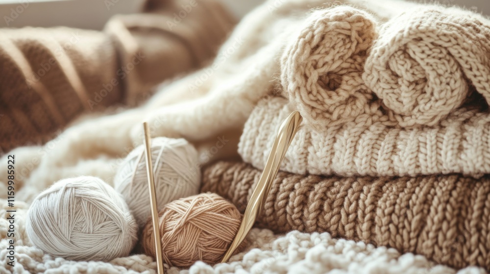 Poster a cozy knitting nook with yarns and knitting needles, knitting patterns and cozy blankets neatly arr