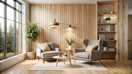 Minimalist Scandinavian Living Room with Beige Armchair and Wooden Wall in Soft Lighting - Drone Photography of Modern Interior Design Elements
