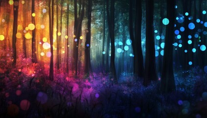Fototapeta premium Magical rainbow forest path with glowing lights.