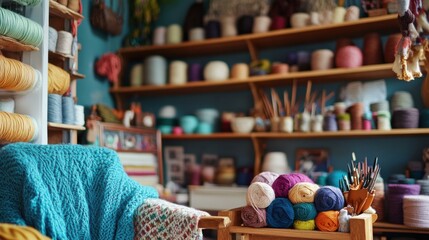 A cozy knitting studio filled with colorful yarns and knitting needles, Handcrafted knitting projects displayed in creative arrangements, Artisanal crafts style