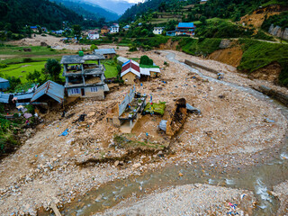 The aerial view shows the flood-affected areas of the the Bhardev region of southern Lalitpur, Nepal.