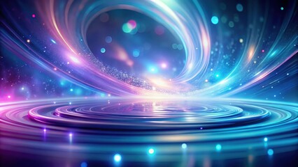 Abstract cosmic swirl with vibrant energy and glowing particles on a reflective platform