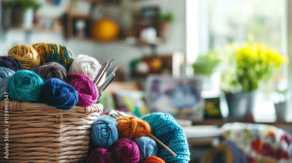 Poster a cozy knitting workshop with colorful yarns and knitting needles, knitting patterns and tools arran