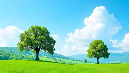 Obraz premium Serene Green Meadow Landscape Two Trees Blue Sky Rolling Hills