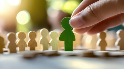 Close-up of a hand placing a green wooden figure on top of a group of beige figures