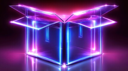 Unboxing a neon light box digital art futuristic design studio environment close-up view modern aesthetics