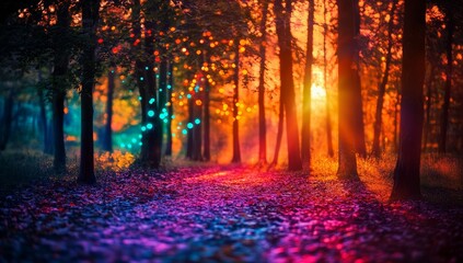 Magical sunset in an enchanted forest with glowing lights.
