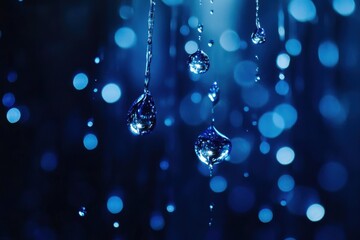 Close-up of water droplets falling against a bokeh background.