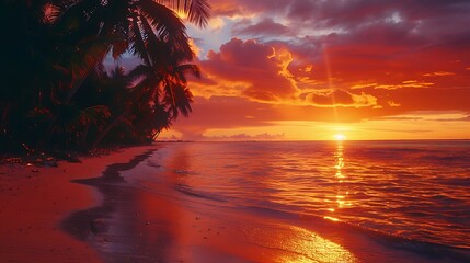 A calming beach sunset wallpaper with warm colors of orange, red, and purple filling the sky
