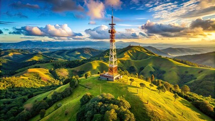 Rural Communication Tower on a Hill: A Portrait of Technology in Nature, Featuring Cell Tower, Communication Infrastructure, and Scenic Landscape