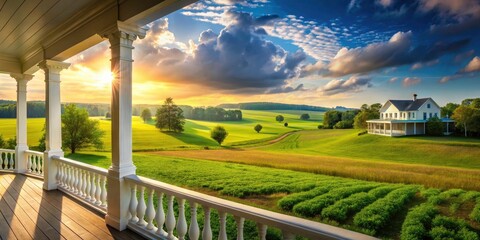 Fototapeta premium Scenic Porch Overlooking a Serene Field with a Charming White House in the Background - Panoramic View of Nature, Tranquility, and Rural Living
