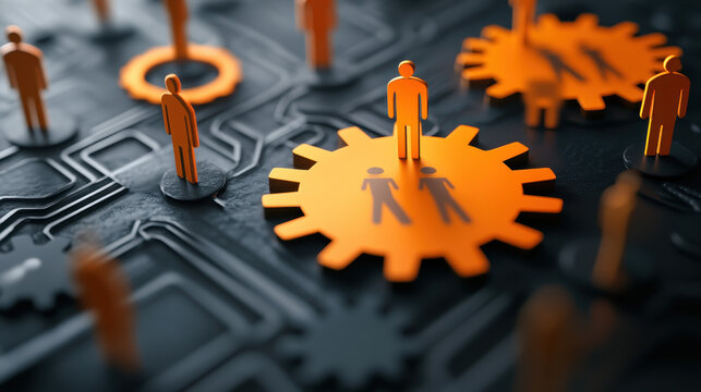 A group of orange male and female human figures standing on cogs, symbolizing team collaboration in the business world - Powered by Adobe