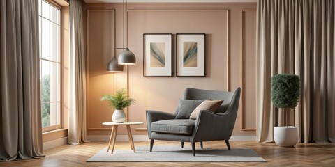 Serene Graphite Armchair in Peach Framed Elegance with Alabaster Curtains â€“ Modern Interior Design Inspiration