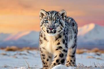 Fototapeta premium Playful snow leopard cub standing in the middle of a snowfield during the golden hour