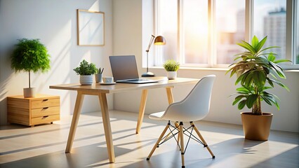 Simple Desk with Plastic Chair in Minimalist Office Space - Tilt-Shift Photography for Modern Work Environment, Clean Aesthetics, and Functional Design Elements