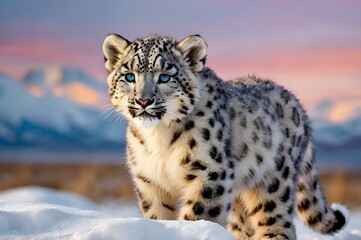 Obraz premium Playful snow leopard cub standing in the middle of a snowfield during the golden hour