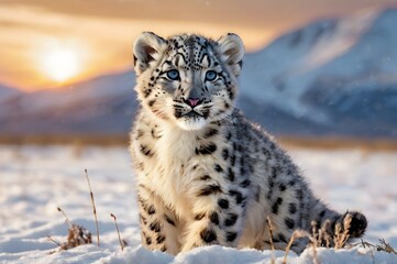 Obraz premium Playful snow leopard cub standing in the middle of a snowfield during the golden hour
