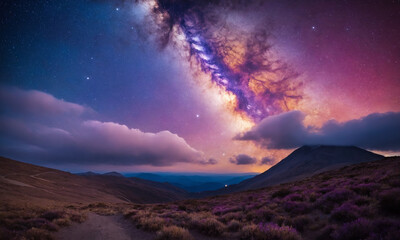 화려한 우주 풍경을 상상해 보세요. 강렬한 보라색, 깊은 파란색, 반짝이는 분홍색이 어우러져 소용돌이치는 성운을 형성합니다.