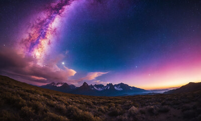 화려한 우주 풍경을 상상해 보세요. 강렬한 보라색, 깊은 파란색, 반짝이는 분홍색이 어우러져 소용돌이치는 성운을 형성합니다.