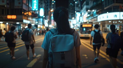 A Woman with backpack exploring a vibrant Asian night market.