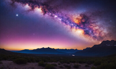 Fototapeta premium 화려한 우주 풍경을 상상해 보세요. 강렬한 보라색, 깊은 파란색, 반짝이는 분홍색이 어우러져 소용돌이치는 성운을 형성합니다.