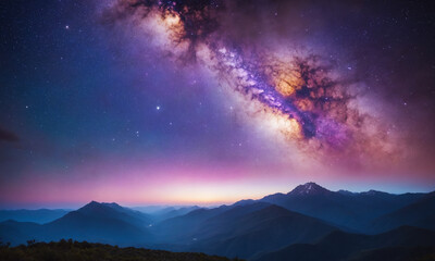 Fototapeta premium 화려한 우주 풍경을 상상해 보세요. 강렬한 보라색, 깊은 파란색, 반짝이는 분홍색이 어우러져 소용돌이치는 성운을 형성합니다.